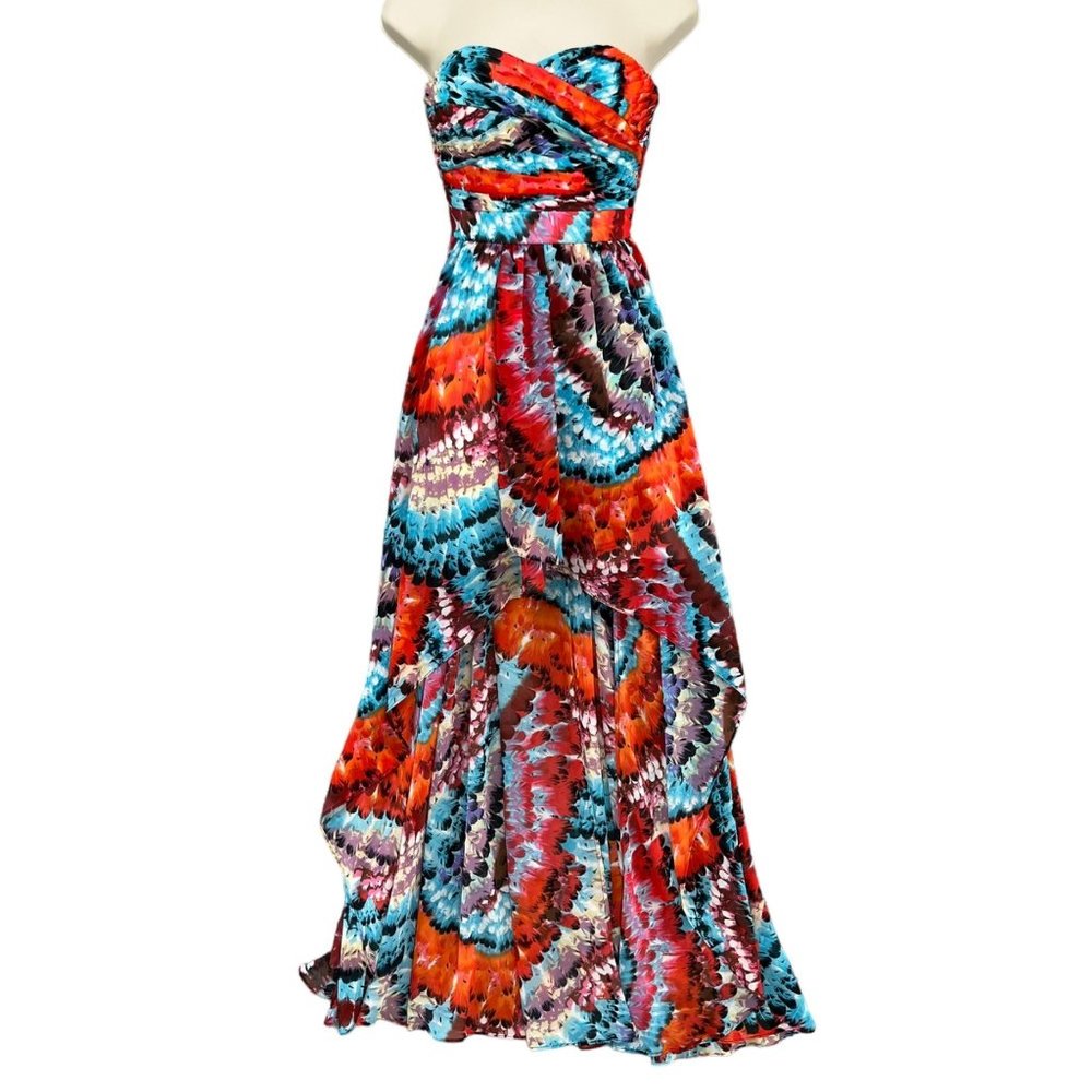 Aidan Mattox Formal Dress Blue Orange Feather Print Strapless High Low Gown Sz 2